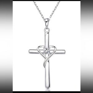 Silver Cubic Zirconia Cross Necklace, Cross Heart Necklace